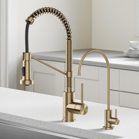 Daniel Kraus Kraus KPF-1610-FF-100BG Bolden Commercial Style Pull-Down Kitchen Faucet & Purita Water Filter Faucet Combo; Brushed Gold KPF-1610-FF-100BG